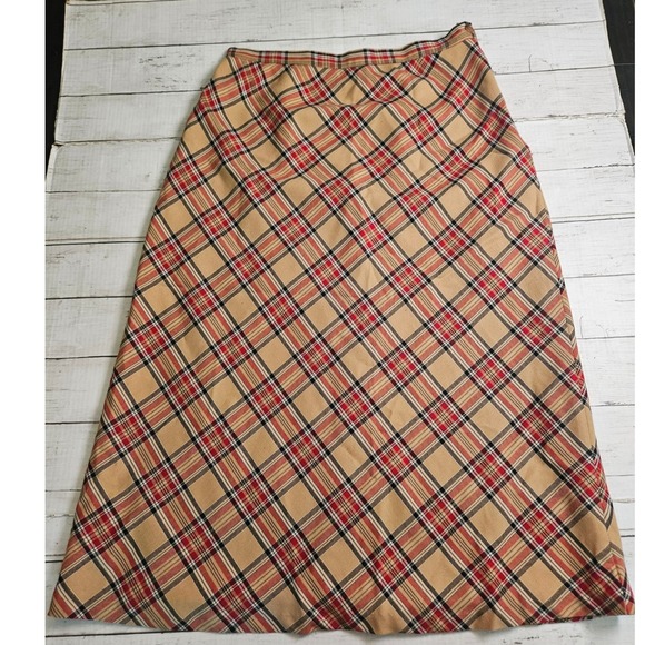 Sag Harbor Dresses & Skirts - Sag Harbor Plaid Midi Skirt Womens 16 Tan Red Black Bias Cut Lined Elastic Waist